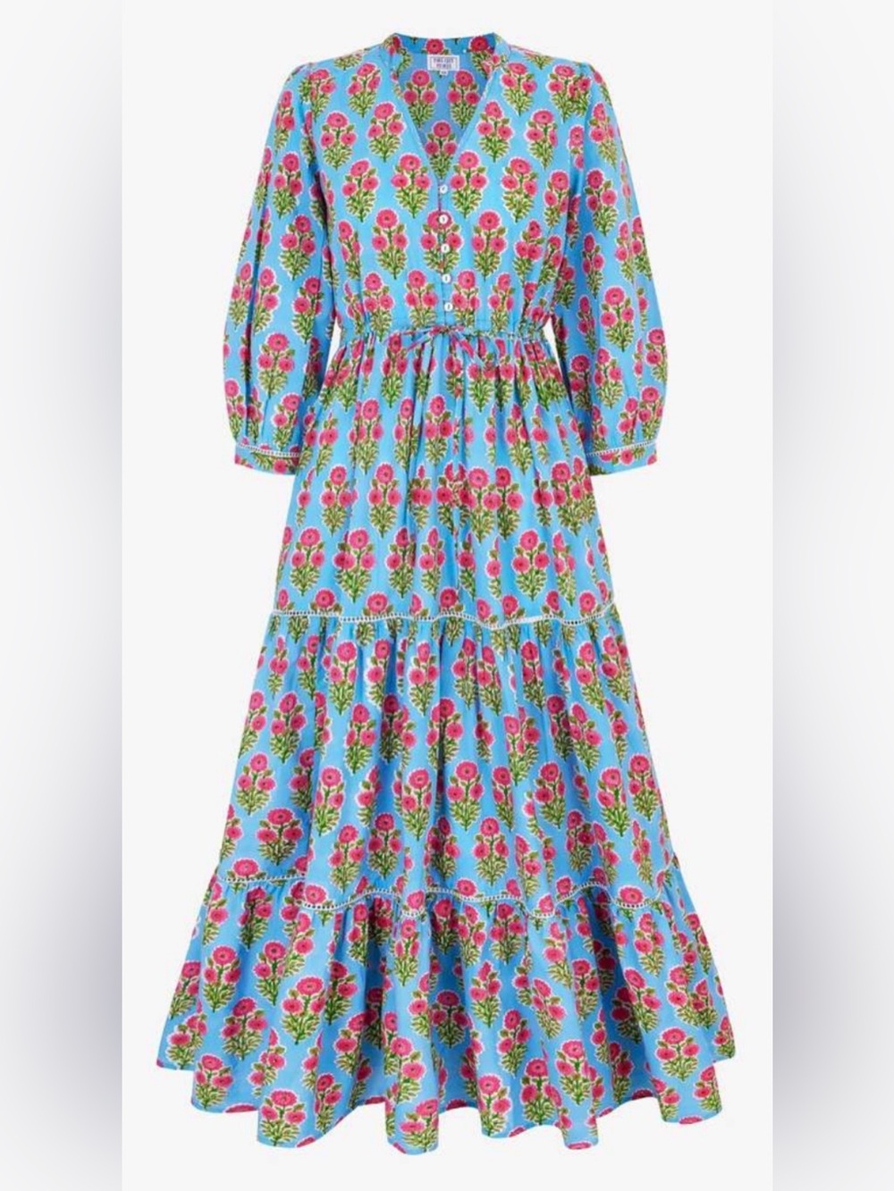 Pink City Prints Maria Maxi Dress Island Buta Blue Pink Floral Cotton Size M NWT